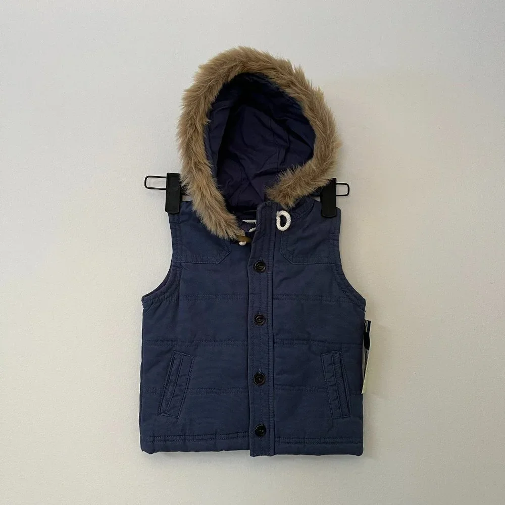 Genuine Kids Oshkosh Navy Puffer Vest Faux Fur Hood - Size 18 Months